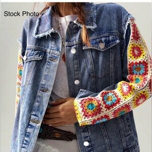 Denim Jacket with Crocheted Granny Squares • NWOT • Sz. Medium/Large